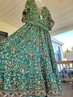 Max Studio | Dresses | New Max Studio Xs Ruffle Collar Print Tiered Maxi  Long Dress Short Sleeve Green | Poshmark